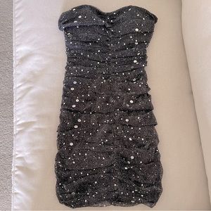 Strapless Silver Bodycon Ruched Embellished Mini Dress